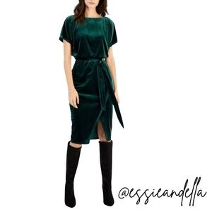 Kensie Stretch-Velvet Boatneck Tie-Waist Sheath Dress